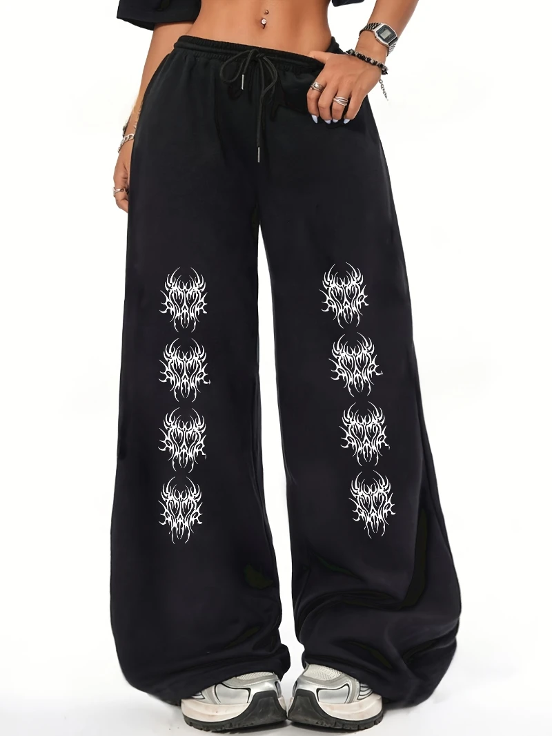 

Women's Trendy Black Joggers with White Skull & " Disorder" Print - Casual Hip-Hop Style Drawstring Straight-Leg Sweatpants
