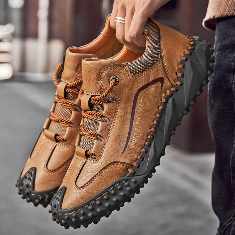 

Повседневная мужская обувь большого размера, прошитая вручную, уличная противоскользящая и износостойкая мужская кожаная обувь