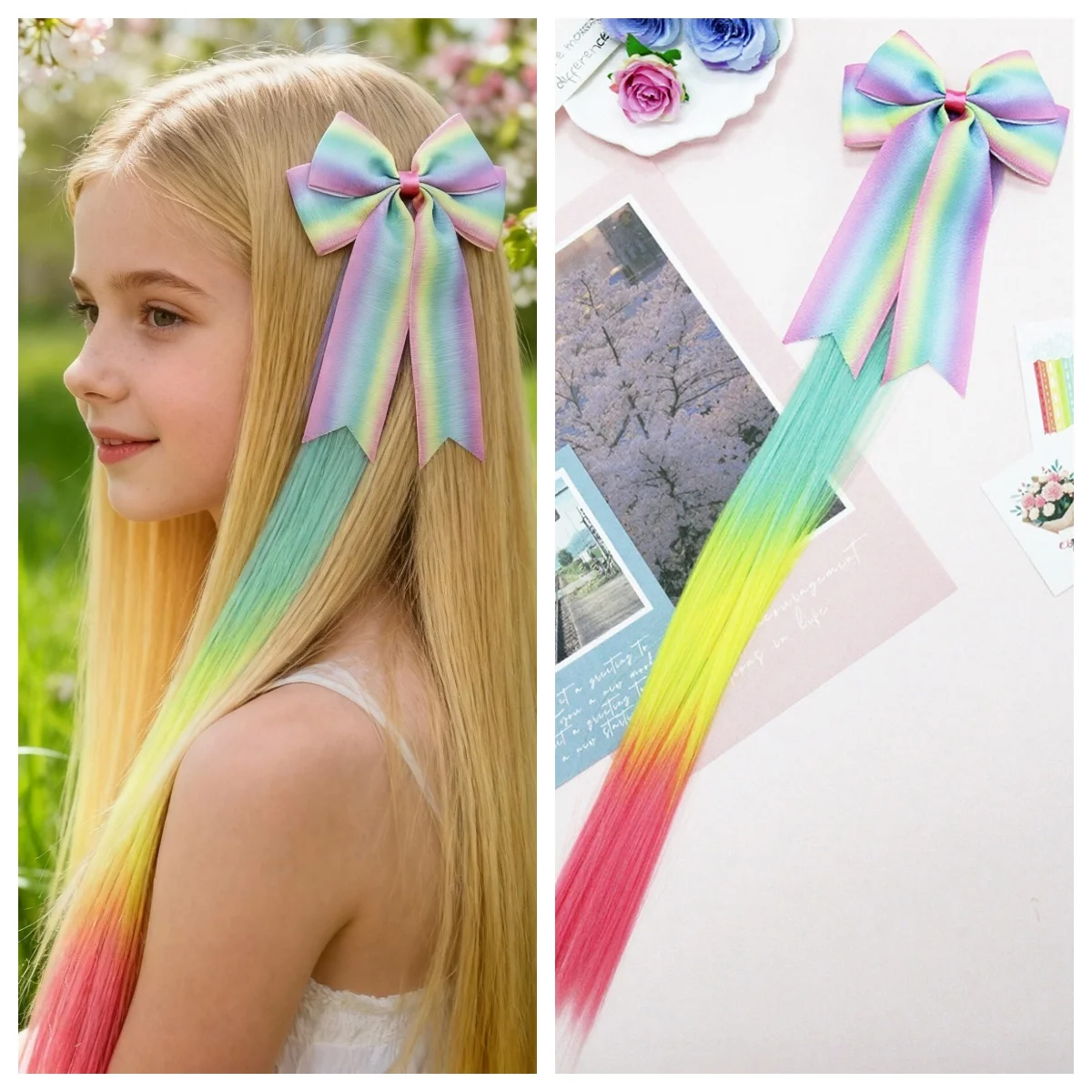 

Spring & Summer Rainbow Large Bow Hair Clip with Hair Extensions - Versatile Valentine's Day Synthetic Wig Hair Accessory
