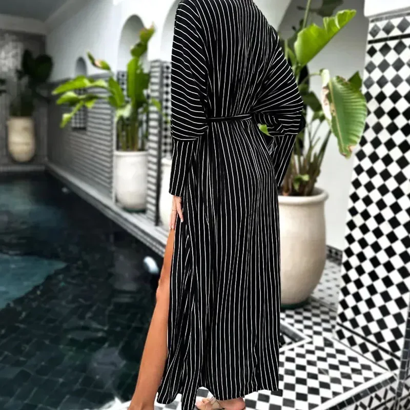 2024 Fashion Vestido V Neck Waist Stripe Drawstring Party Long Dress Women Summer Short Sleeve Loose Beach Women Dresses Smock