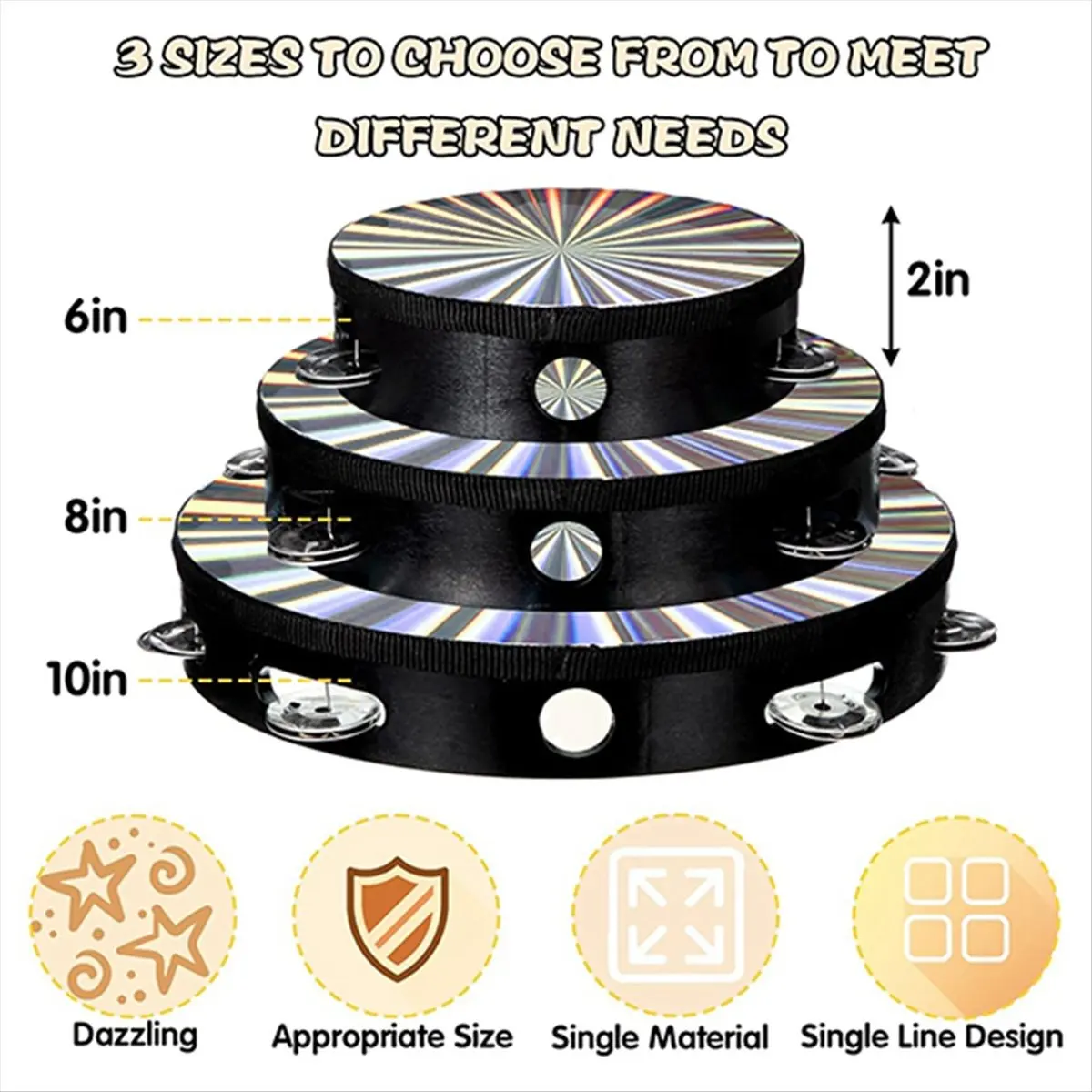 

3 упаковки двойного сияющего бубна с металлическими джинглями, деревянный ручной бубен 6/8/10 дюймов [AA74-AAA]