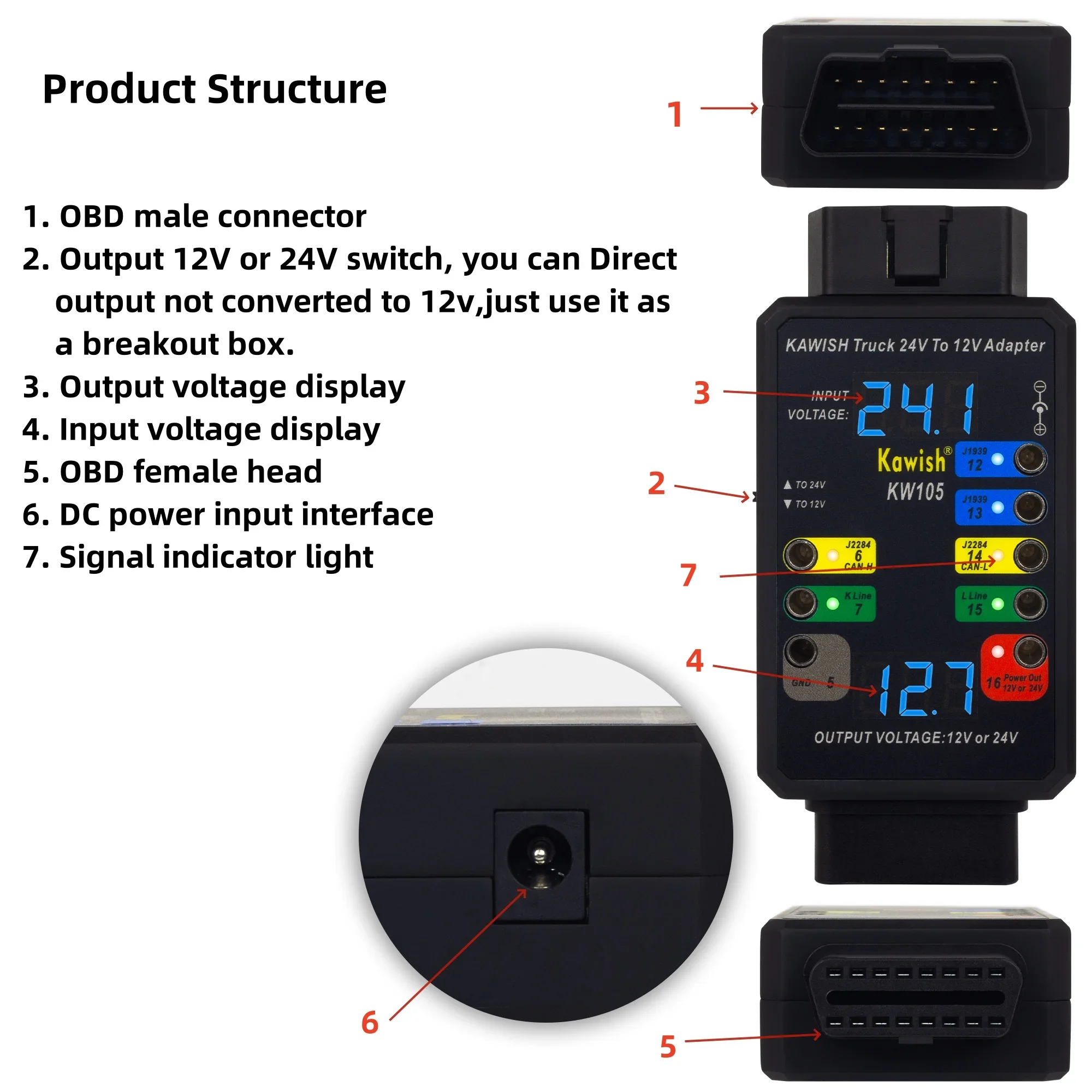 KAWISH 24V to 12V Heavy Duty Truck Adapter for X431 for Truck Converter Heavy Duty Vehicles,And OBD Breakout box Function KW105