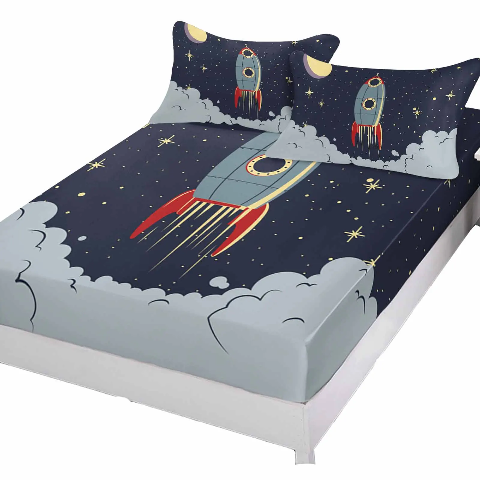 Space Rocket Cartoon Queen Size Bed Mattress Fitted sheet Elastic Rubber Band Non-slip Bed Sheet Pillowcase Set