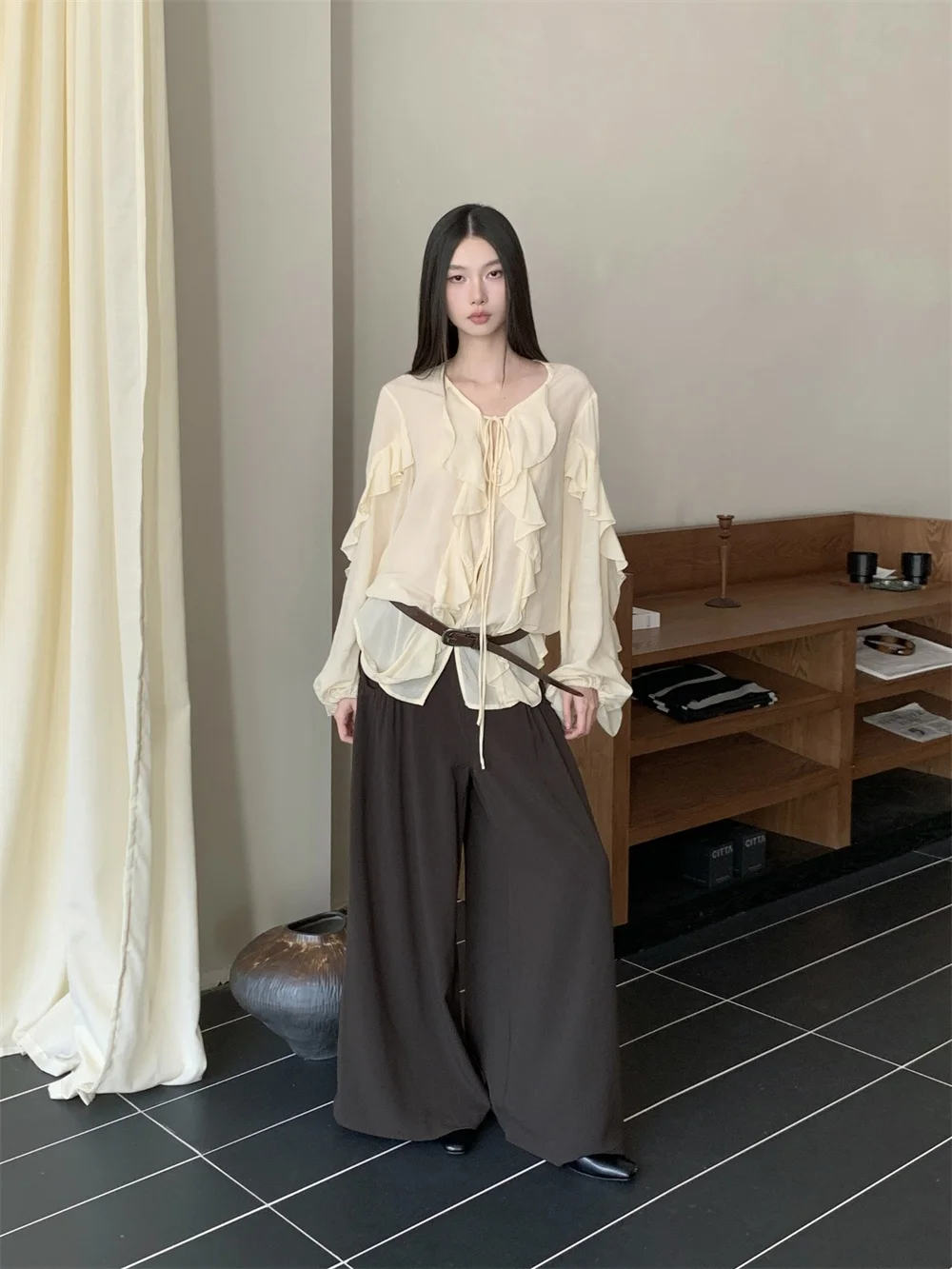 CHEERART Ruffles V Neck Tie Front Blouse For Woman Sheer Lantern Long Sleeve Top Fall Fashion Chiffon Blouses 2025 Clothing