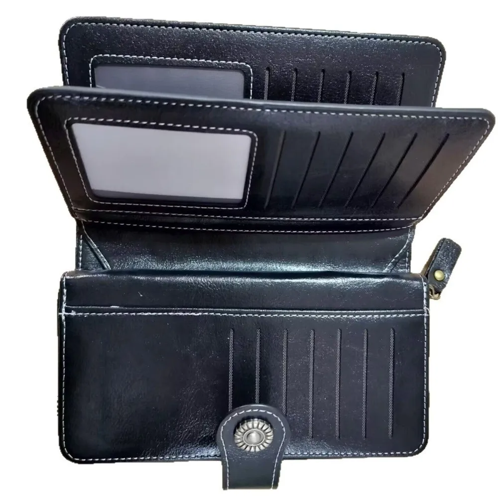 New PU Long Wallet Snap Closure RFID Blocking RFID Wallet Decorative Stitching Long Foldover Cash Storage Card Organization