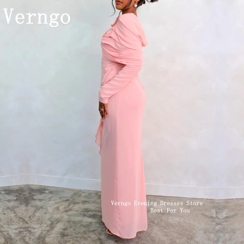 Verngo Pink Chiffon Women Evening Dress Saudi Arabic Dubai High Neck Dubai Prom Gown Long Sleeves Pleated Sheath Floor Length