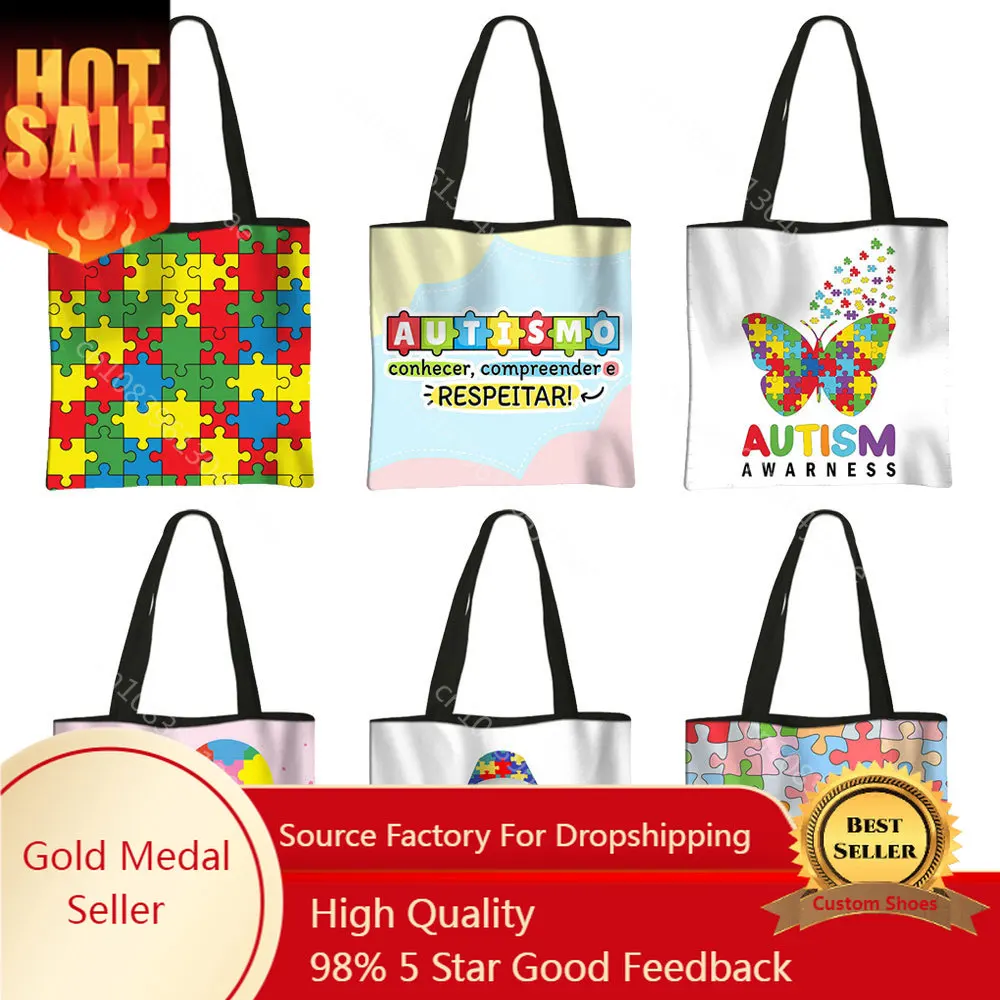 

Autism Awareness Tote Bag Autism Shopping Bag Love Needs No Words Handbag Shoulder Large Capacity Shopper Bag