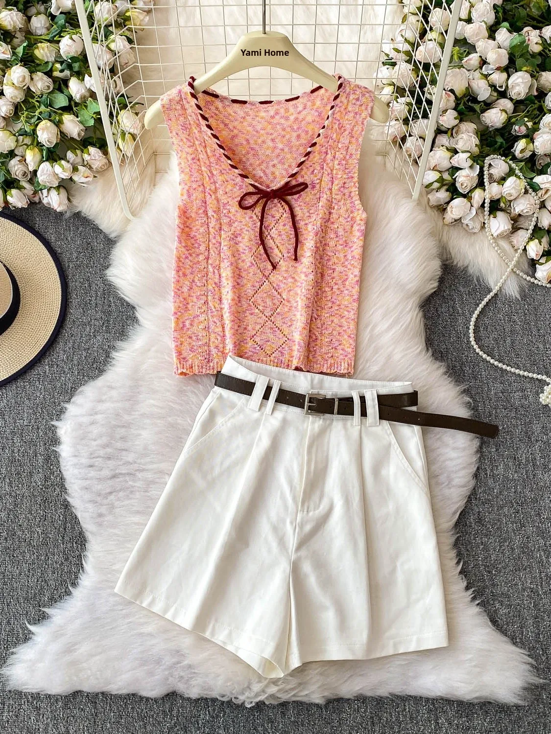 Sweet Spicy Girl Design Knot V-ne Svel Knitted Vest High Waist Wide Leg Jeans Set Women's Faion Two-piece Suit