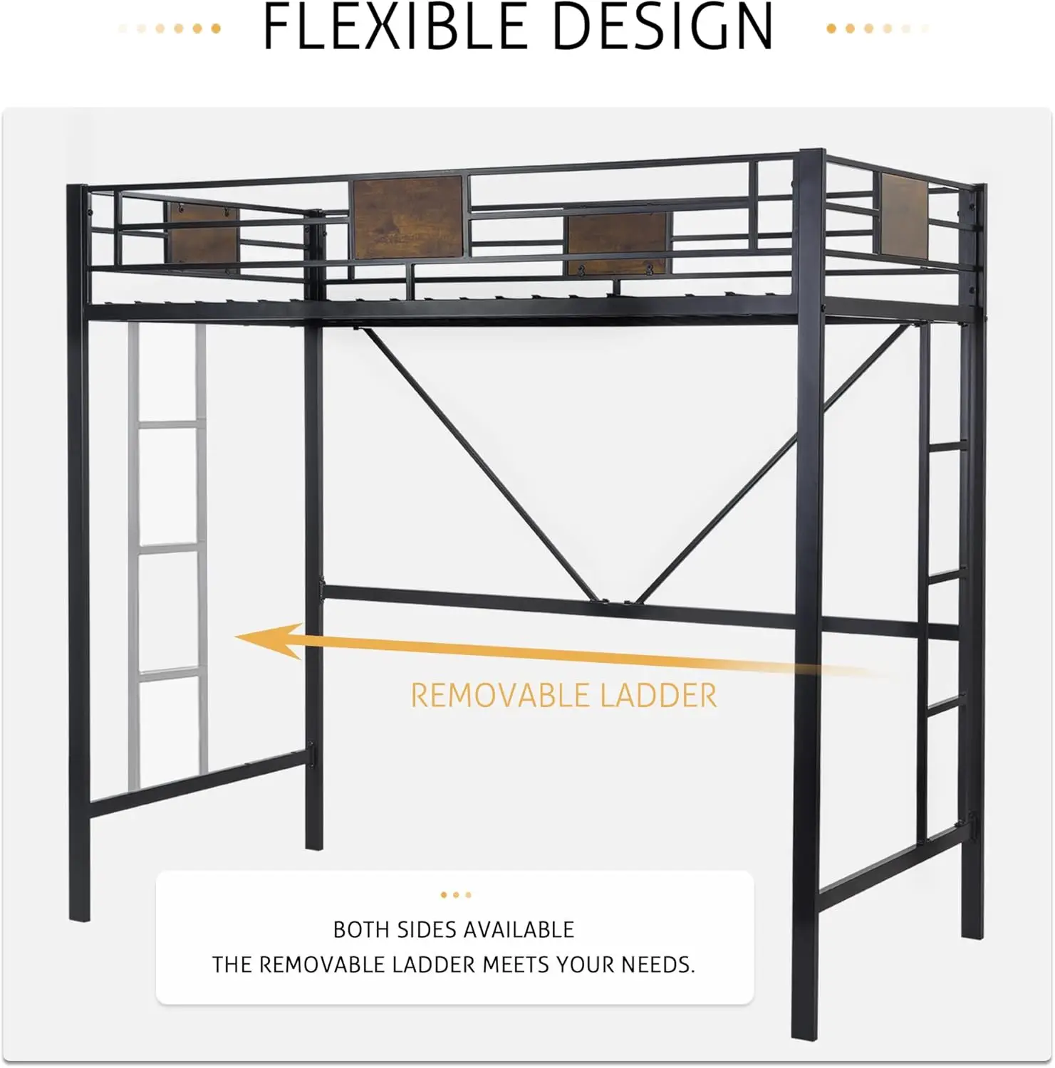 Estrutura de cama alta dupla de metal com escadas e guarda-corpo de comprimento total, economia de espaço, juniores e adultos, sem ruído, preta