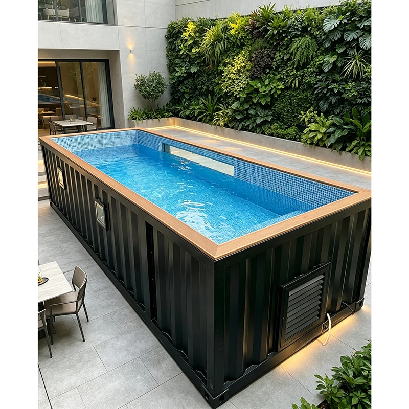 Luxury Shipping Container Pool Portable Above Ground Swimming Pool with LED Lights Wooden Deck for Outdoor Garden Use