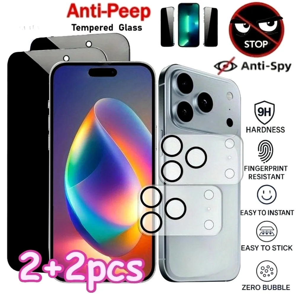 

2Pcs Anti Spy Tempered Glass for iPhone 17 16 15 Pro Max 14 13 12 11 Pro 16e 17 Air 15 16 Plus With 2Pcs Camera Lens Glass Film