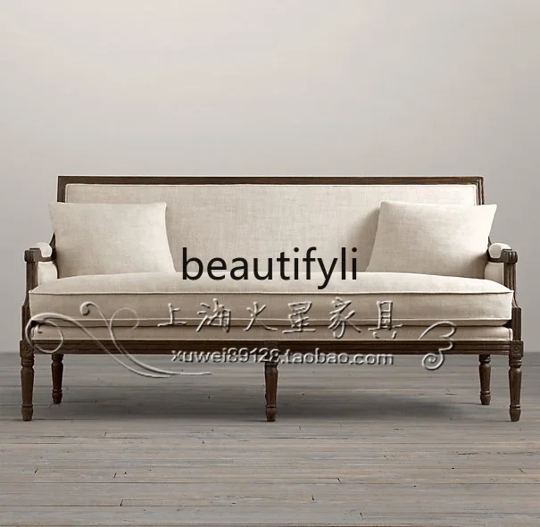 

American rural retro solid wood living room fabric sofa single and double three-person European simple, leisure chair9344