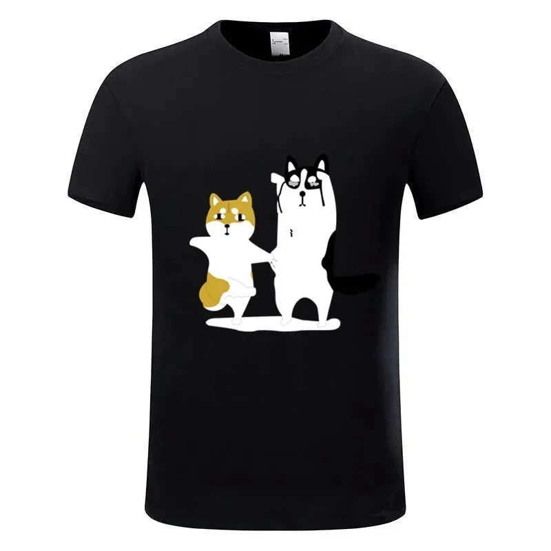 Funny Pet Dog Shiba Inu Siberian Husky Friends T-Shirt 100% Cotton O-Neck Short Sleeve Summer Casual Mens T-shirt Streetwear