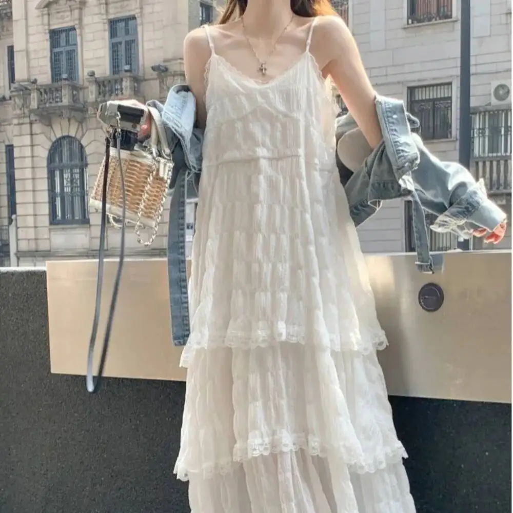 

Casual Spaghetti Strap Lace Ruffles Sleeveless Long Loose Holiday Dress Summer