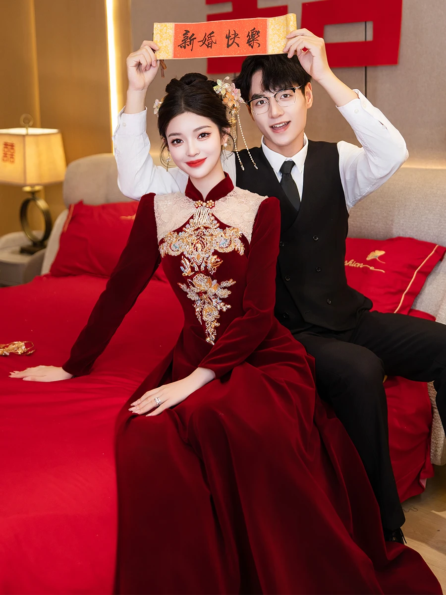 

Red Wedding Dr Engagement Ceremony Women's Faion Slim Fit Chinese Sle New Bride Drinking Ceremony Costume