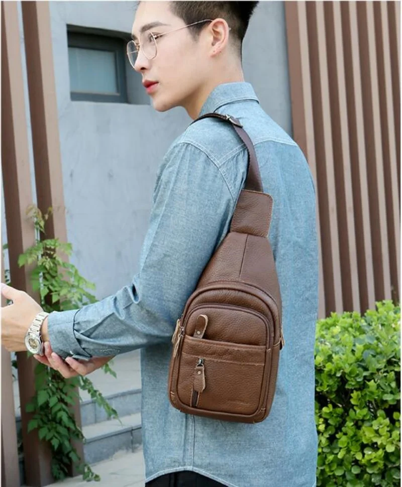 2024 Men High Quality Cow Leather Casual Triangle Crossbody Chest Sling Bag Design Travel One Shoulder Bag Daypack Male