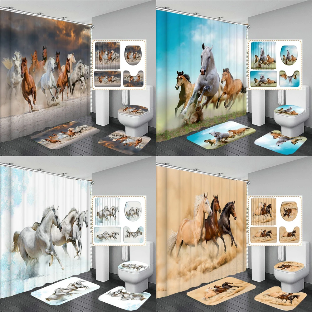 Running Horse Print Bathroom Set Shower Curtain with Anti-slip Flannel Bathing Mat Doormat Toilet Lid Cover Home Kitchen Carpet