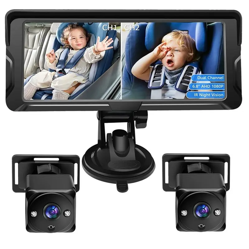 [NEW A09R!】 Dual Channel Car Baby Mirror Camera 6.8Inch 1080P Display With 2 IR Night Vision Camera Automotive Baby Monitoring S