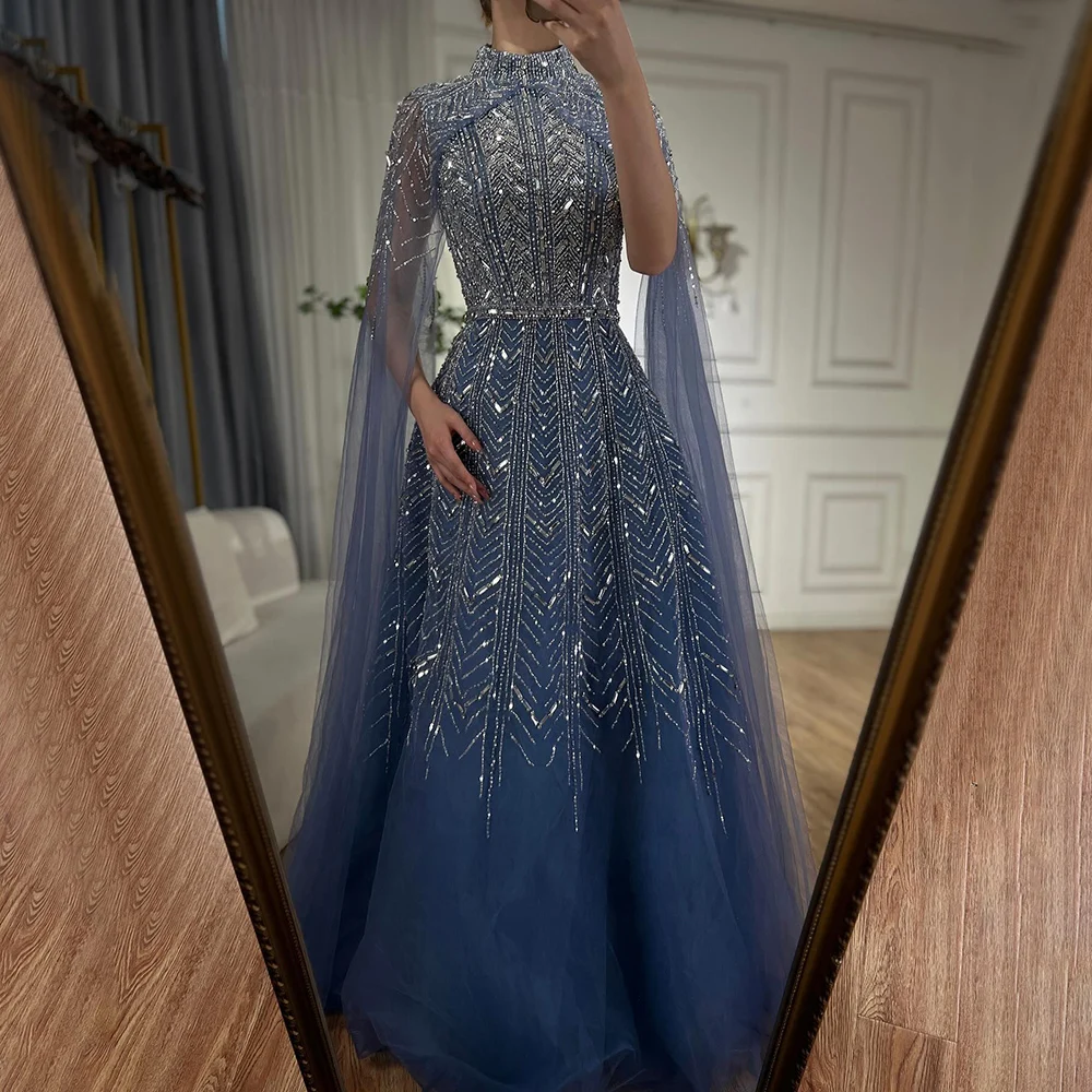 Serene Hill 2024 Blue Beaded Design A-Line Saudi Arabic Evening Dresses Gowns with Cape Sleeves for  Occasion LA72728 Customized