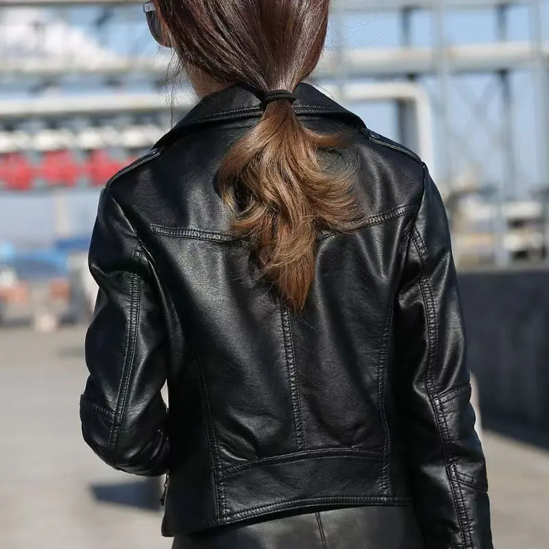 Women Spring Summer Faux Leather Jacket Black Slim Short Jackets Motorcycle PU Jackets Solid Colors Zippers Slim Short Jacket