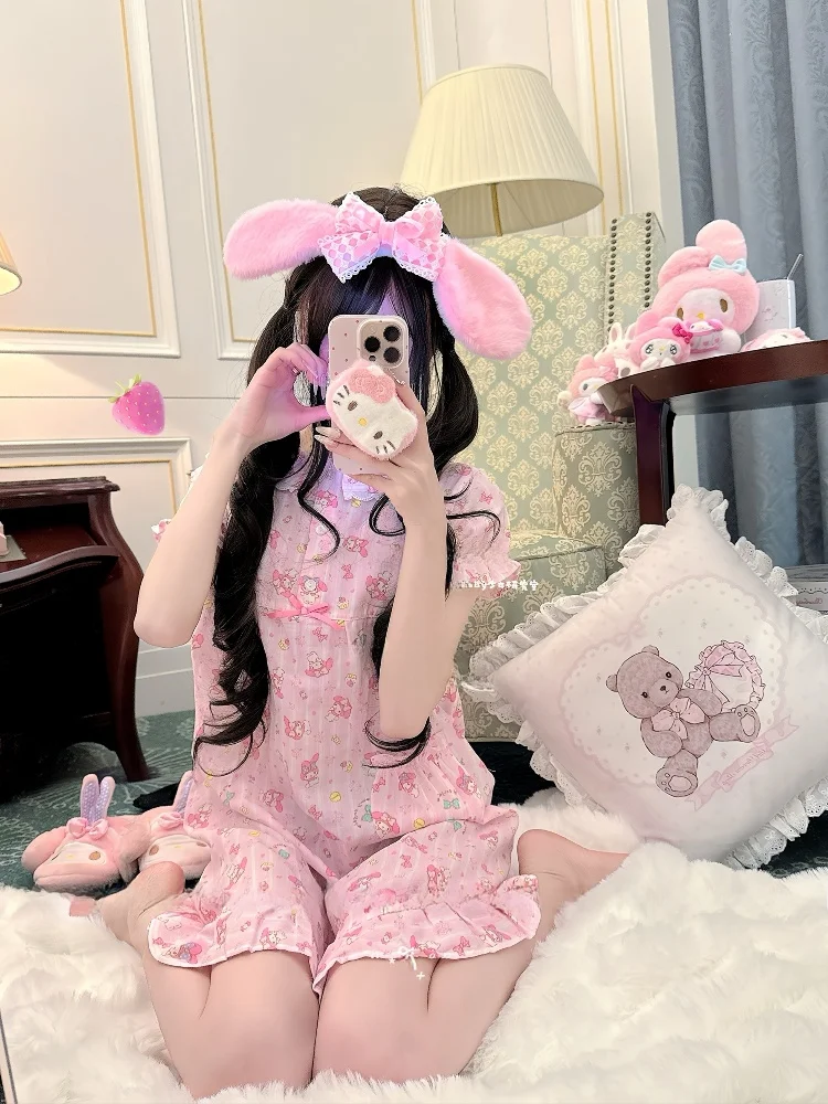 Cute Soft Girl Pure Cotton Short Sleeve Sleepwear Miubby Rabbit Melody Print Sleep Dress Casual Summer Home Clothes for Youth