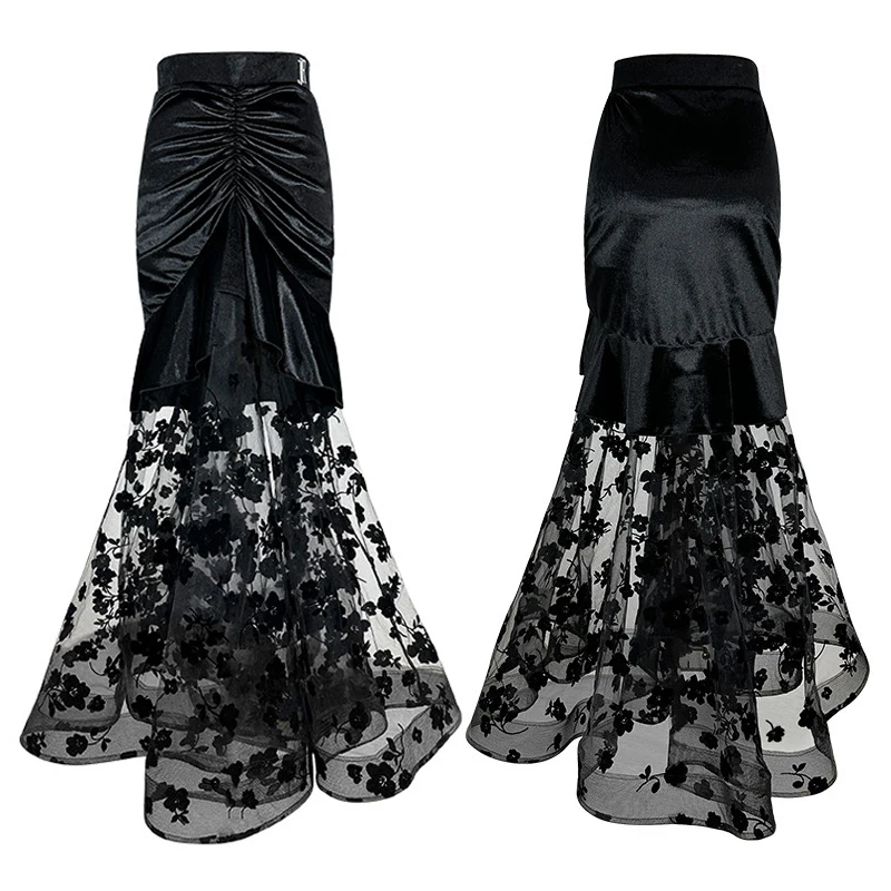 Black Mesh Ruched Ballroom Dance Skirt For Women Tango Waltz Dance Practice Skirt Standard Modern Dancing Performance Wear 4143
