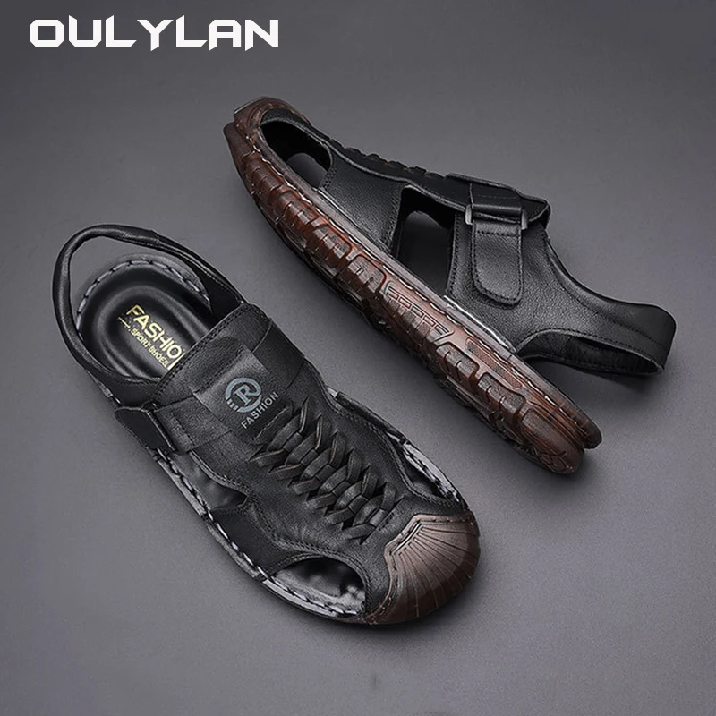 Leather Soft Sole Beach Shoes Men's Slippers Dual-purpose High-end Sandals for Men Outdoor Casual Breathable Man Driving Sandals