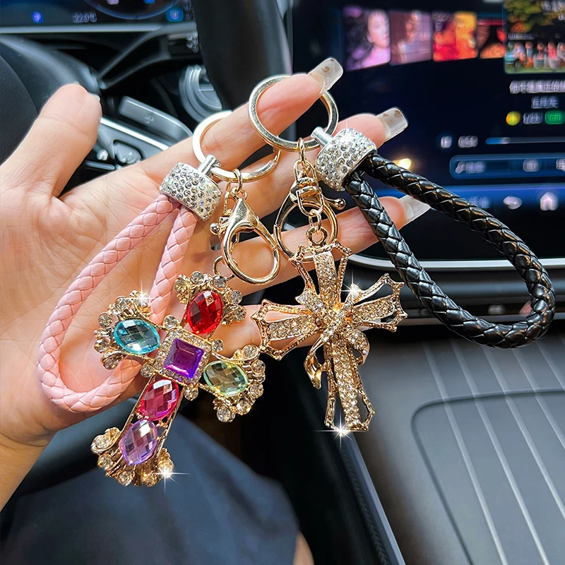 

Fashion cross car keychain creative alloy diamond braided rope bag pendant accessories gifts