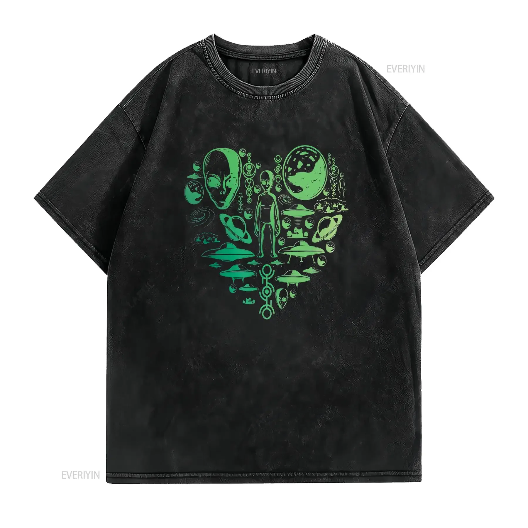 Aliens UFO Enthusiast lovers heart men women kids Abduction T shirt vintage Washed Top For Everyday Wear Unisex Breathable