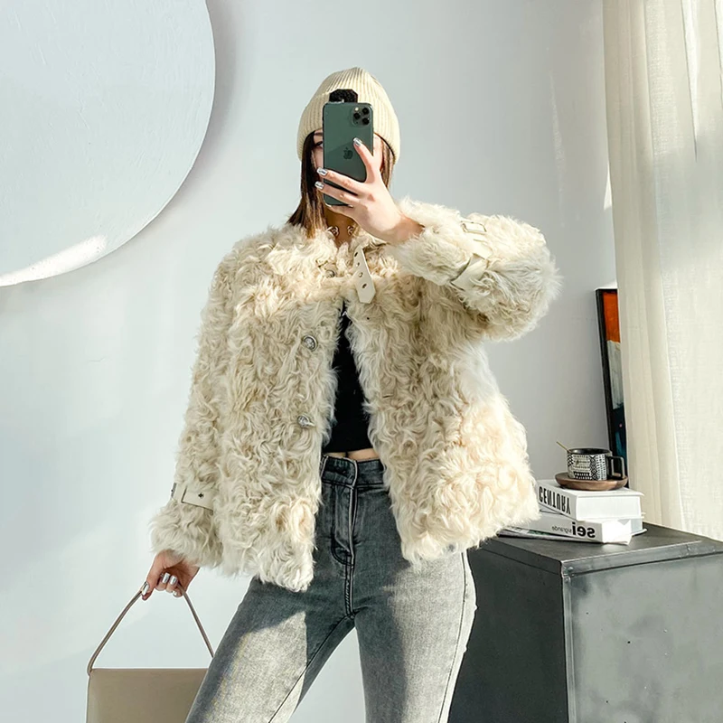 100% Real Lambs Wool Fur Coat Women Winter Jacket Real Sheep Skin Fur One Coat High Grade Wool Fur Jacket Ladies Short معطف فراء