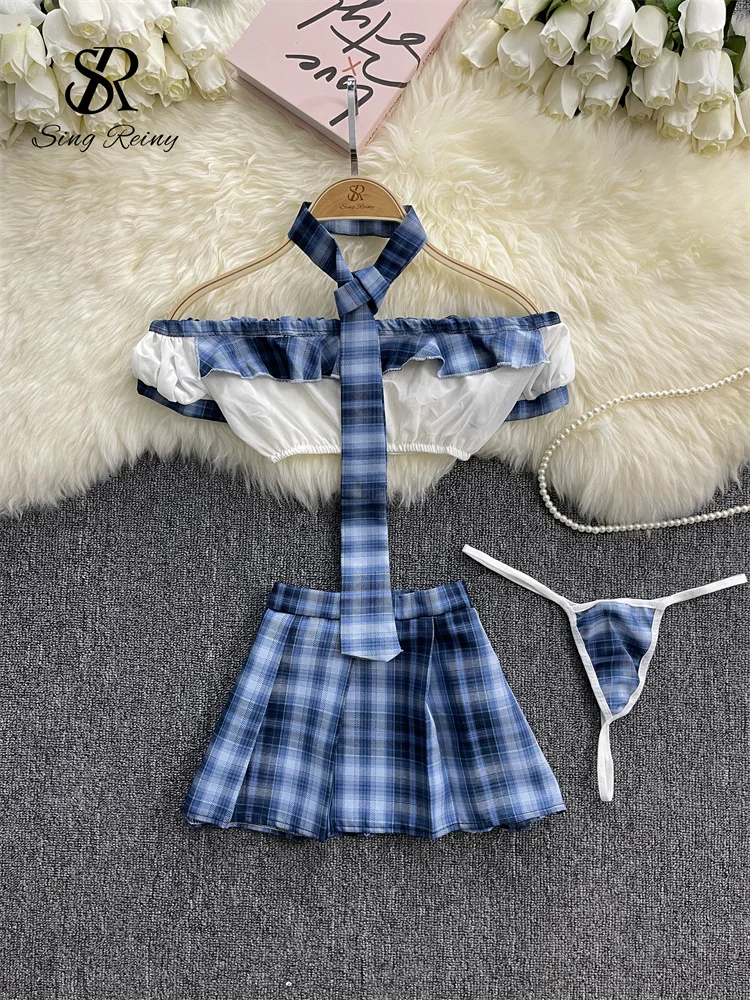 SINGREINY JK Uniform Plaid Sexy Erotic Sets Necktie+Sheer Short Strapless+Pleated Skirt Preppy Style Cosplay Pajamas Suits