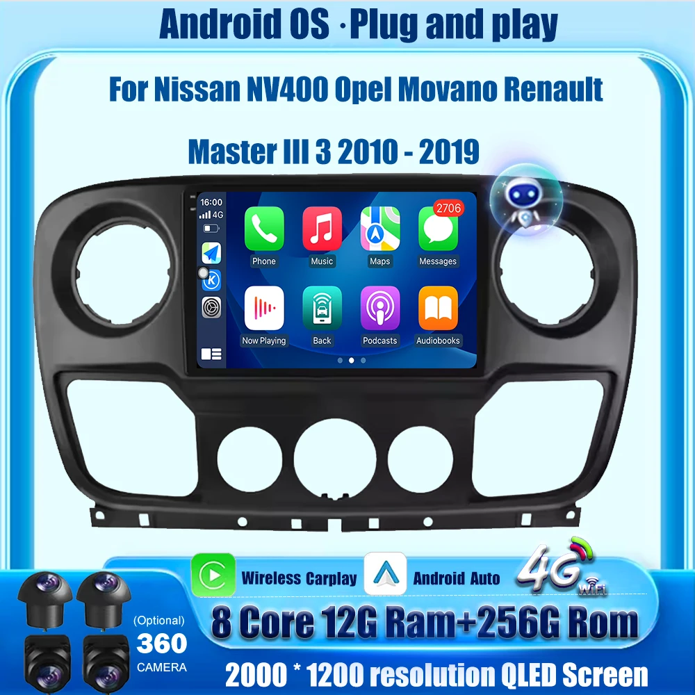 

QLED Screen Car Radio Carplay For Renault Master Nissan NV400 Opel Movano 2010-2021 Navigation GPS Android Auto Stereo 4G WIFI