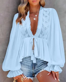 חולצות נשים אופנה 2024 האביב מזדמנים צמדים מוצק סקסי לצלול V-הצוואר תחרה תיקון שולי פנס השרוול