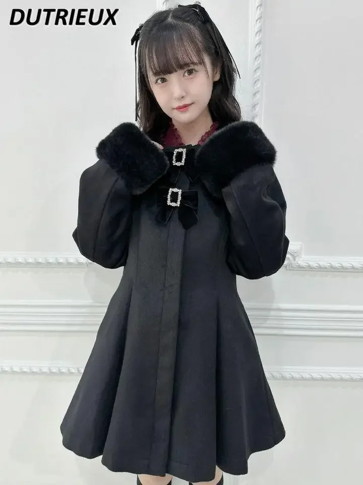 Long Wool Coat for Women Autumn Winter Woolen Cute Sweet Plush Straps Pearl Mass Production Japanese Mid-length Jacket