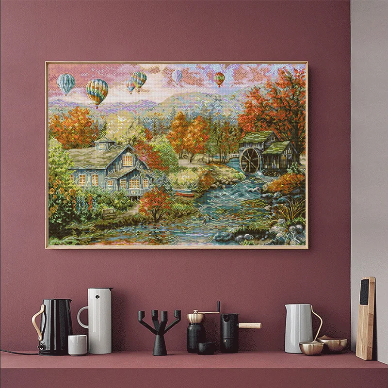 Joy Sunday DIY Landscapes Autumn in the Valley Cross Stitch Complete Kit Embroidery Kits Cross Stitch Printed Fabric Home Decor