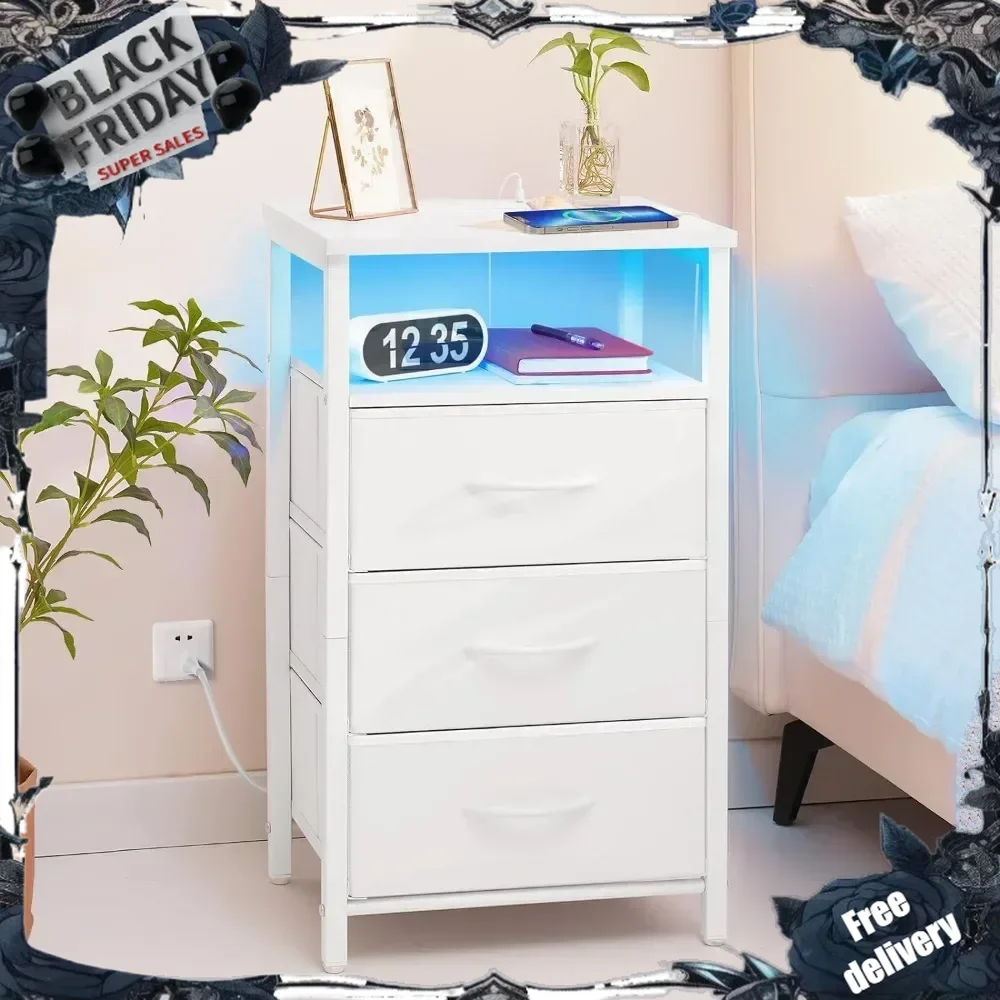 

Night Stand with Charging Station, 16 Colors LED Nightstand with USB Ports and Outlets, End Table with 3 Fabric Drawers