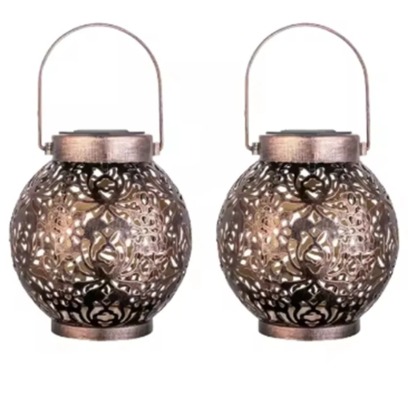 

ABVA-For Garden Outdoor Solar Lanterns Waterproof 2 Pack Moroccan Metal Hanging Lights For Patio Porch Backyard Decoration Bronz