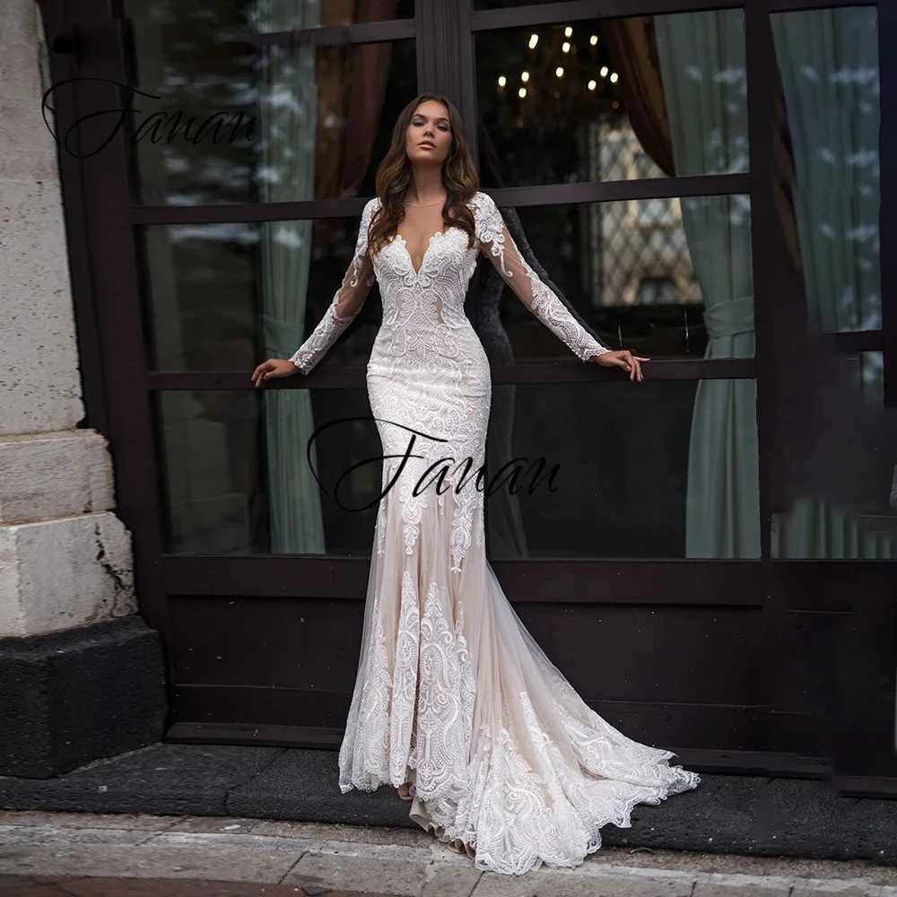 Elegante O-ansatz Lange Mermaid Brautkleider Spitze Appliques Sweep Zug Brautkleid Свадебное платье vestido de noiva