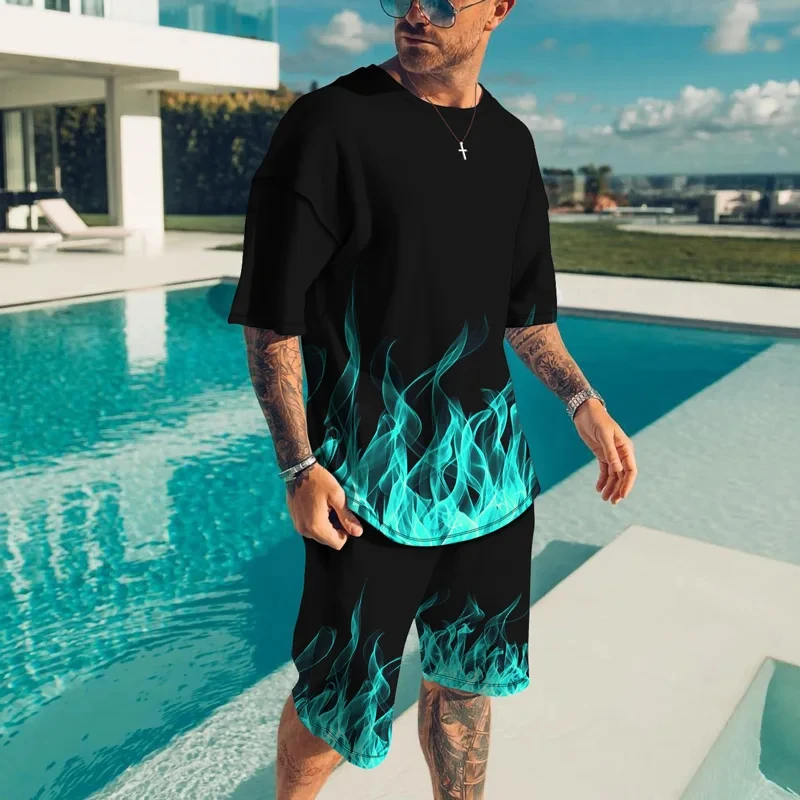 New Summer Sports Suit Men T-shirt Short Two Pieces The flame 3D Print Loose Solid Color Short Sleeve Fashion Tracksuits Set