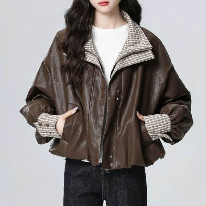 Premium Brown New Leather Jacket Small Short Jacket Retro Splicing Plaid Lapel Top Jacket