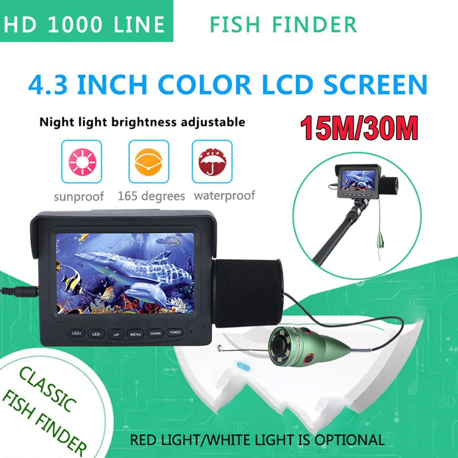 15M/30M 1000TVL Fish Finder Underwater Fishing Camera 4.3 inch Monitor 6PCS 6W IR LED Night Vision Camera For Fishing Lamp