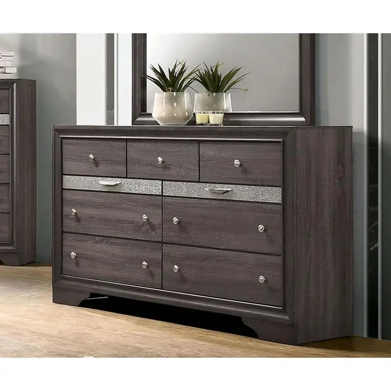 Cômoda cinza com conjunto de espelho, gaveta de joias oculta, cauda de andorinha inglesa, detalhes prateados, puxadores redondos, móveis de quarto, elegante