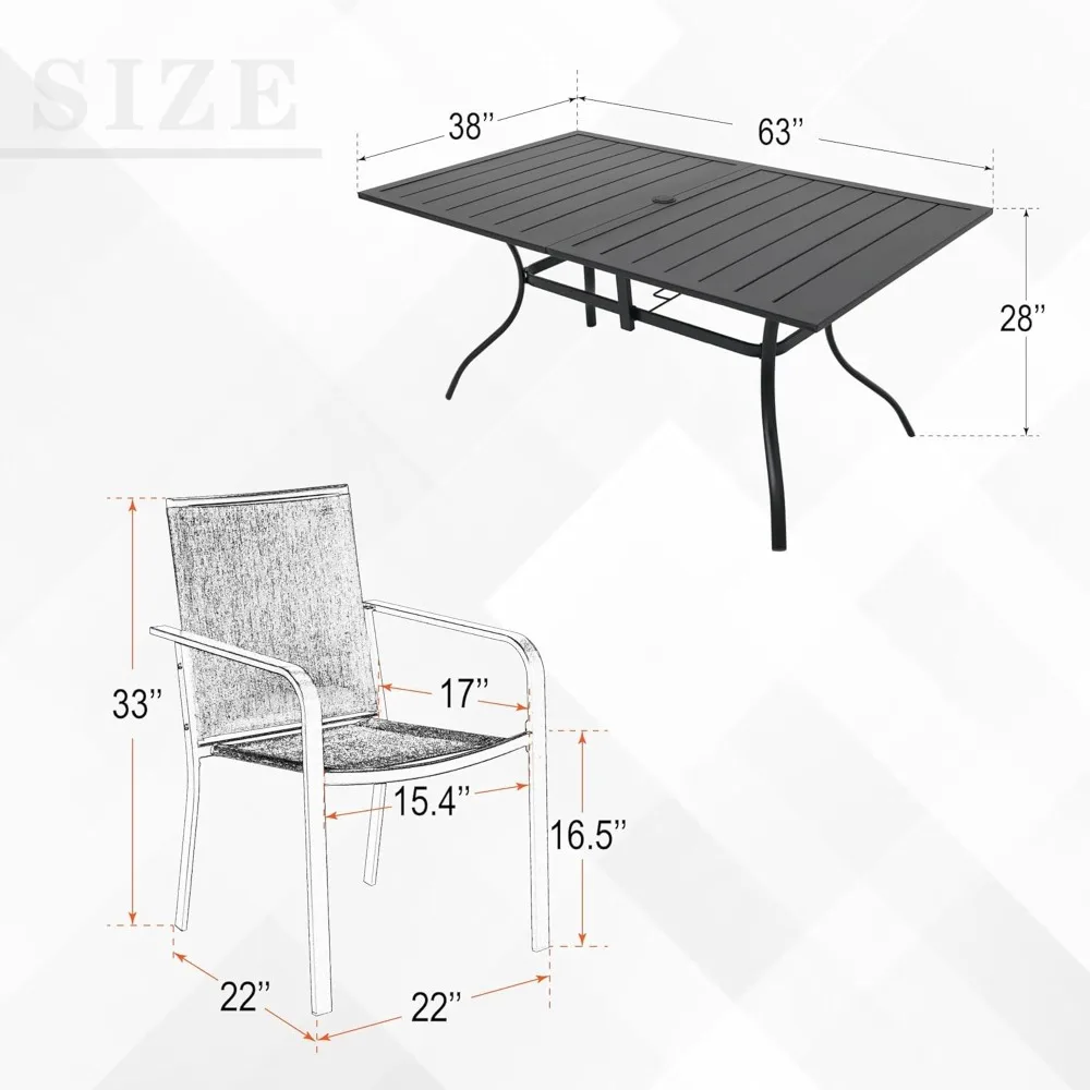 7-Piece Outdoor Patio Dining Set, 6 Stackable Patio Chairs & Rectangular Dining Table with All Weather Frame Furniture Set - Gra