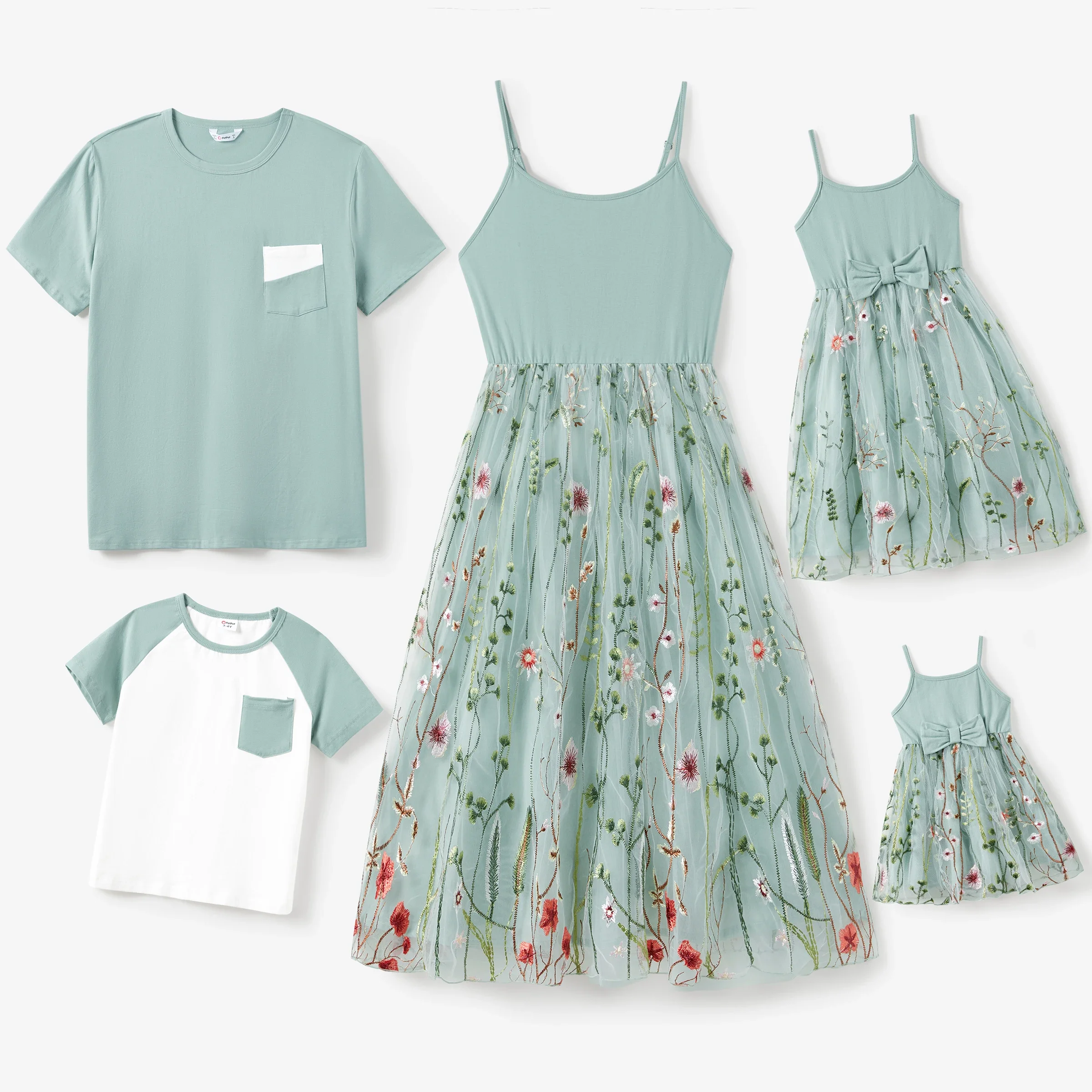 PatPat Family Matching Solid Color/ Raglan Sleeves Tee and Cami Embroidered Tulle Strap Dress Sets Suitable for Summer Season