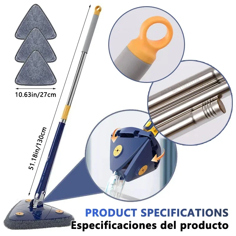 360 ° Rotating Triangular Mop Powerful Self Squeezing Floor Wash Mop, Ultrafine Fiber Wall and Ceiling Tile Cleaning Broom