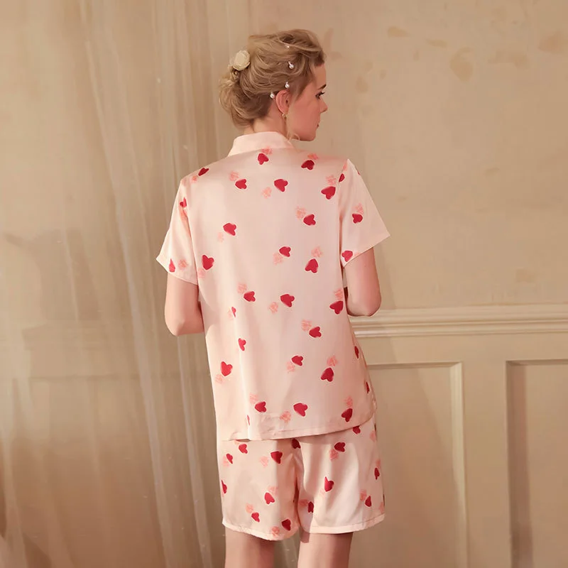 Summer Pajamas Set For Women Heart Shape Print Shorts Sleepwear With Pants Turn Down Collar Button Closure 2023 New FG579