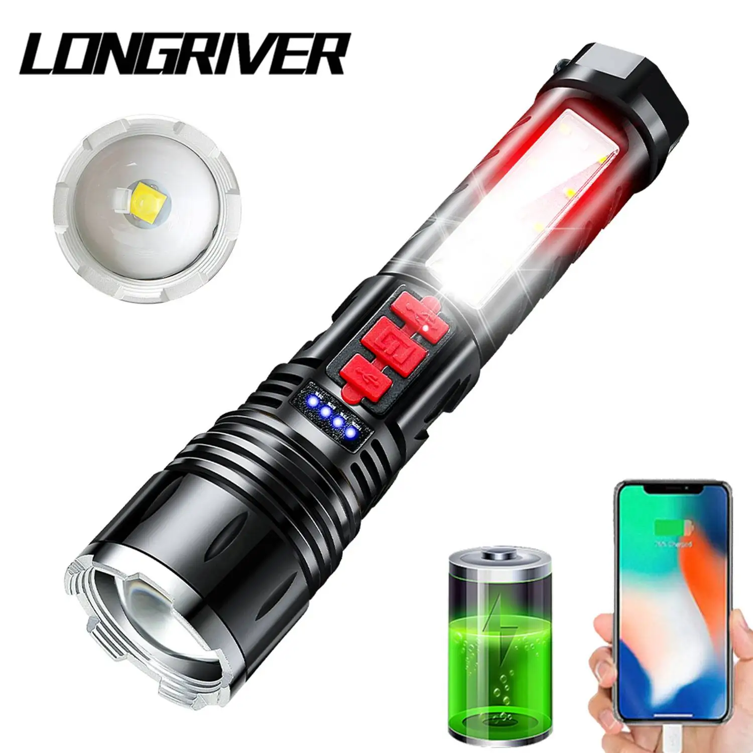 

LONGRIVER A78 Zoomable Flashlight With18650 Battery Aluminum Alloy Zoom Torch Light Lamp With Tail Rope Power Indicator