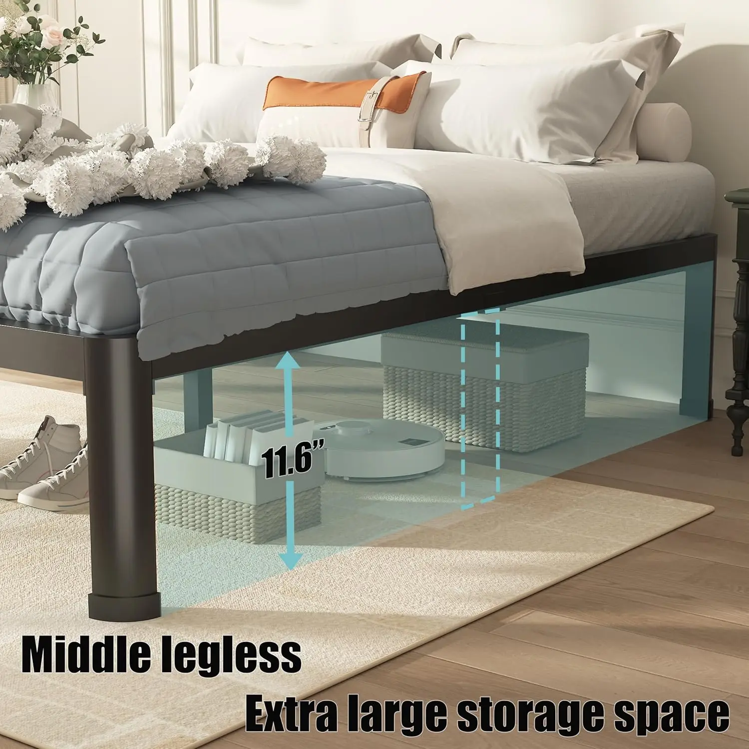 Full Bed Frame With Round Corner Edge Legs, 14 Inch Heavy Duty Support 3500 Lbs Metal Platform Bed Frame Full Size, No Box