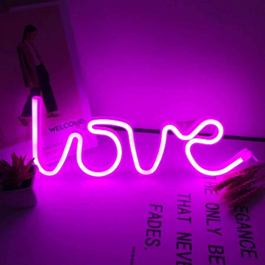 LED Neon Lights Love Shape Night Light Sign Lamp Battery USB Double Powered Nightlight for Indoor Christmas Wedding Birthday