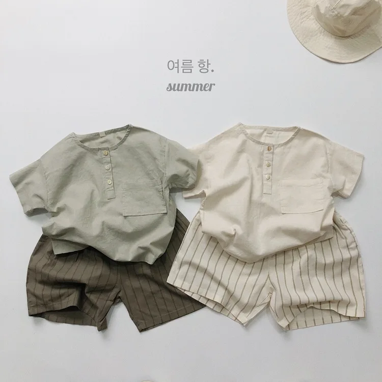 2026 Korean children's summer ramie round neck open chest shirt loose T-shirt top for boys and girls